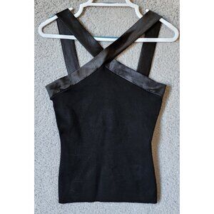 Bebe Women's Ribbed Tank Top Satin Criss Cross Front Straps Black Y2K‎ Sz Large